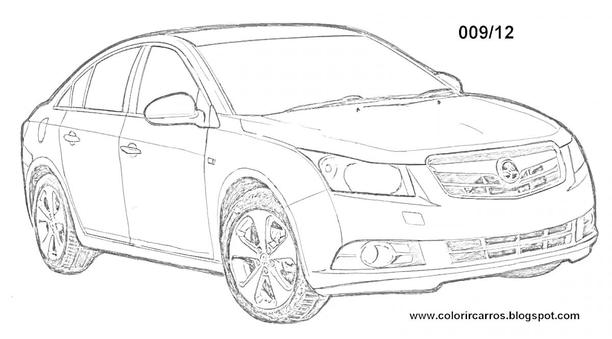 Раскраска Шевроле Круз - передний вид автомобиля с видимой передней решеткой, фарами, колесами и боковыми зеркалами