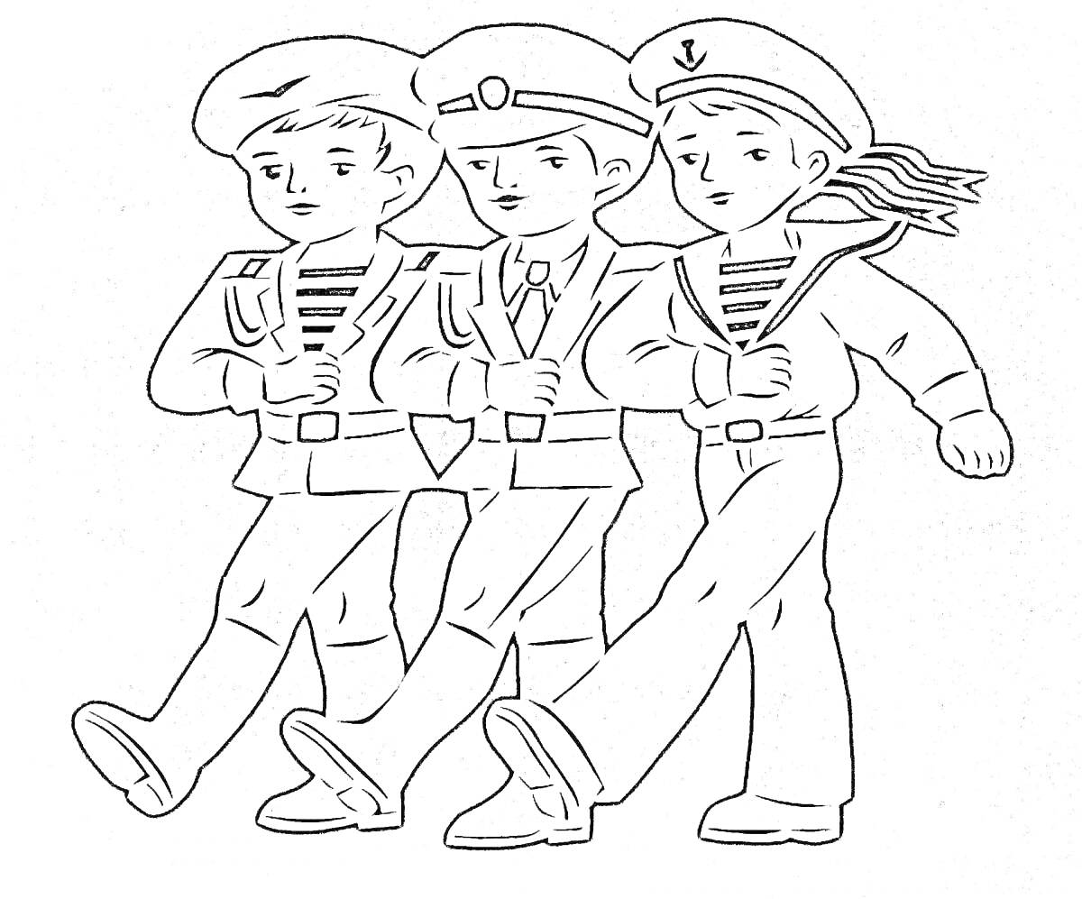 На раскраске изображено: Военнослужащие, Форма, Строй, Марш, Защита отечества, Патриотизм
