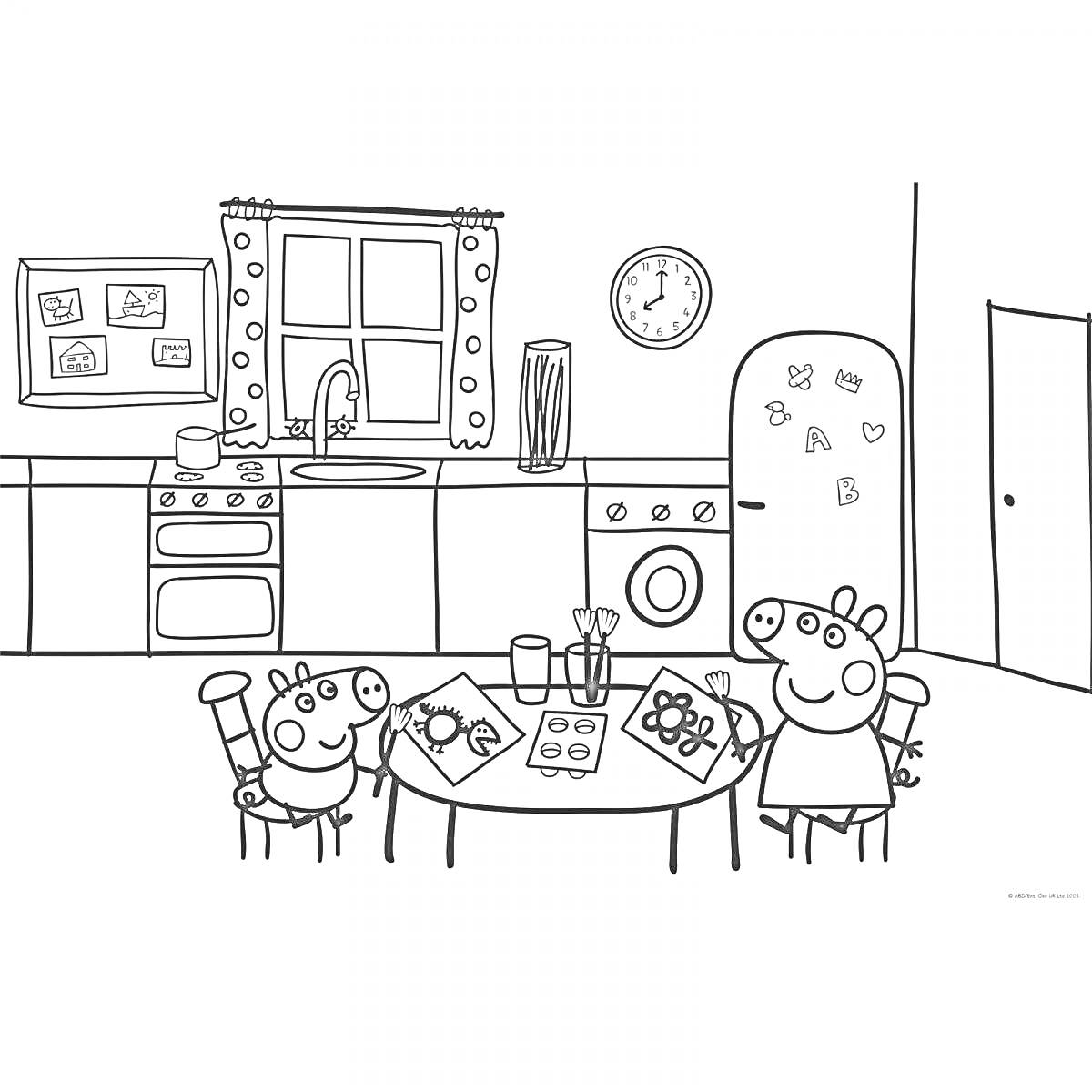 Раскраска Кухня с семьей Элементы на фото: два персонажа, стол, стулья, рисунки, кухонная мебель, холодильник, духовой шкаф, раковина, окно, часы, дверь, посуда, ножи, занавески
