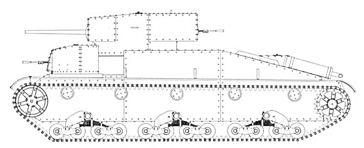 Раскраска танк Т-35 с двумя башнями, гусеницами, колесами и нарисованными деталями корпуса