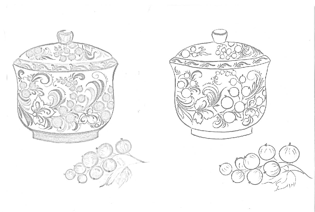Раскраска Хохломская роспись: декоративная банка с ягодами и узорами