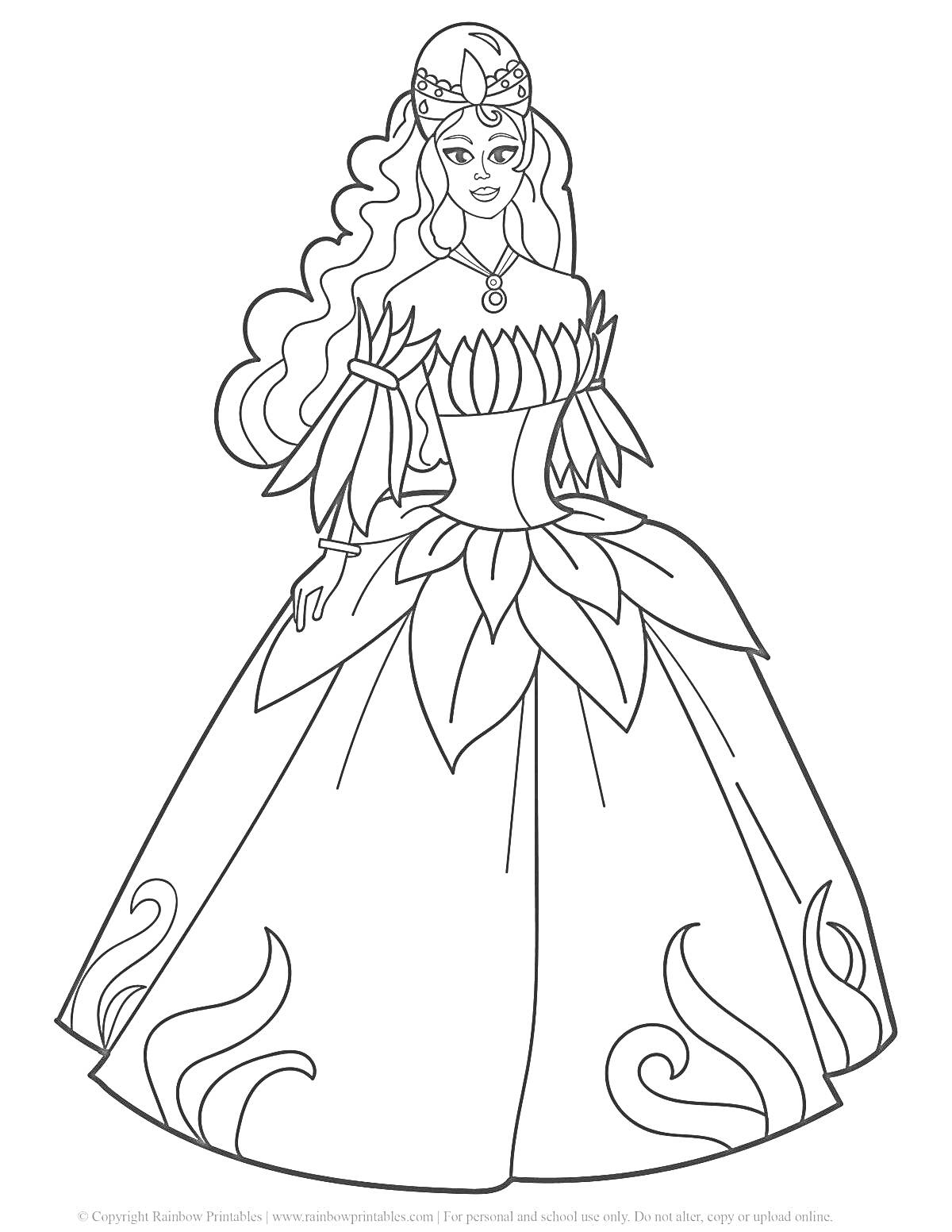 На раскраске изображено: Принцесса, Длинные волосы, Платье, Цветочный узор, Диадема, Украшения