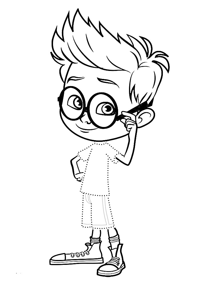Раскраска Мальчик в очках с поднятой рукой, в шортах и кроссовках