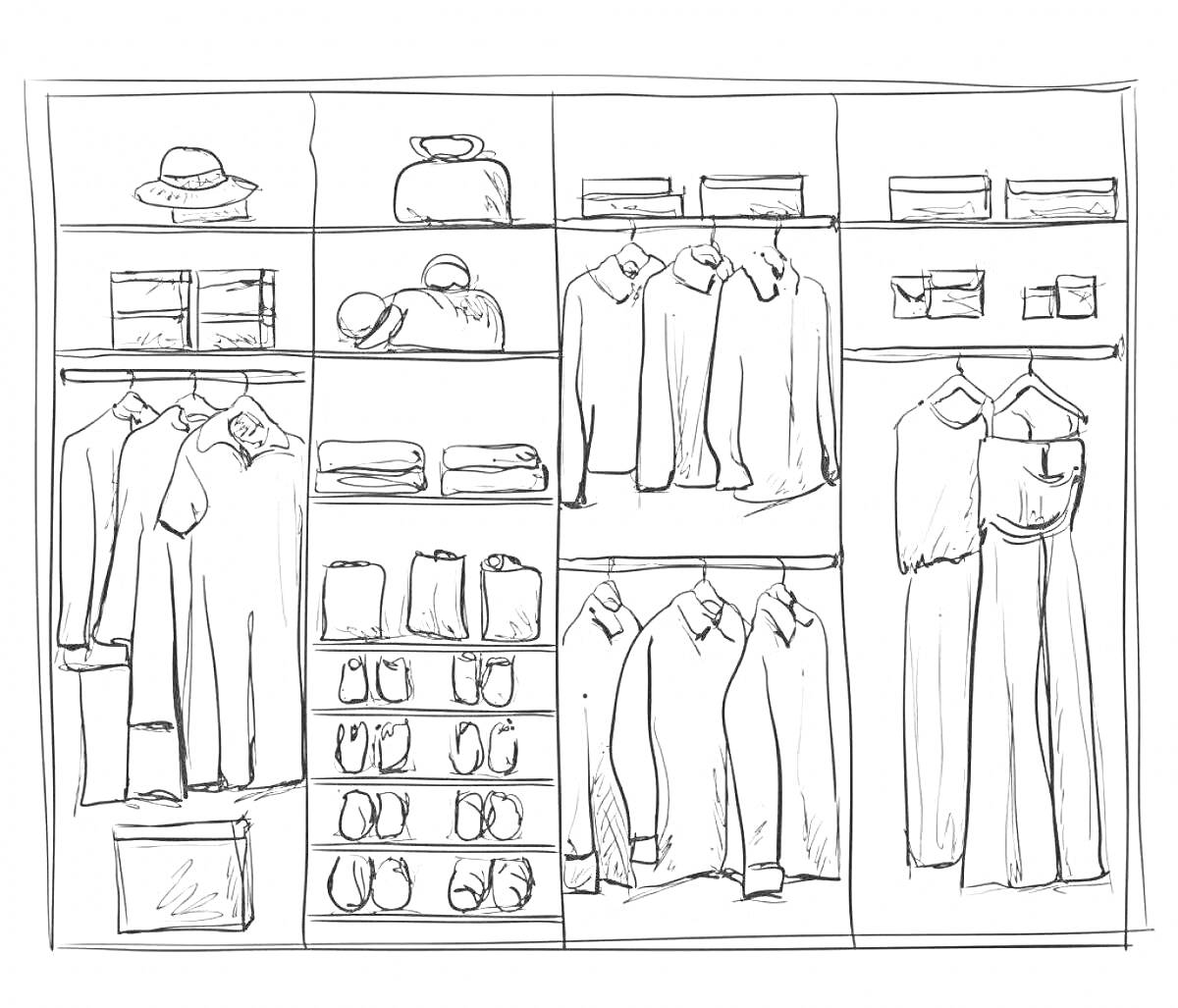 На раскраске изображено: Шкаф, Одежда, Полки, Обувь, Рубашки, Вешалки, Шляпа, Сумка