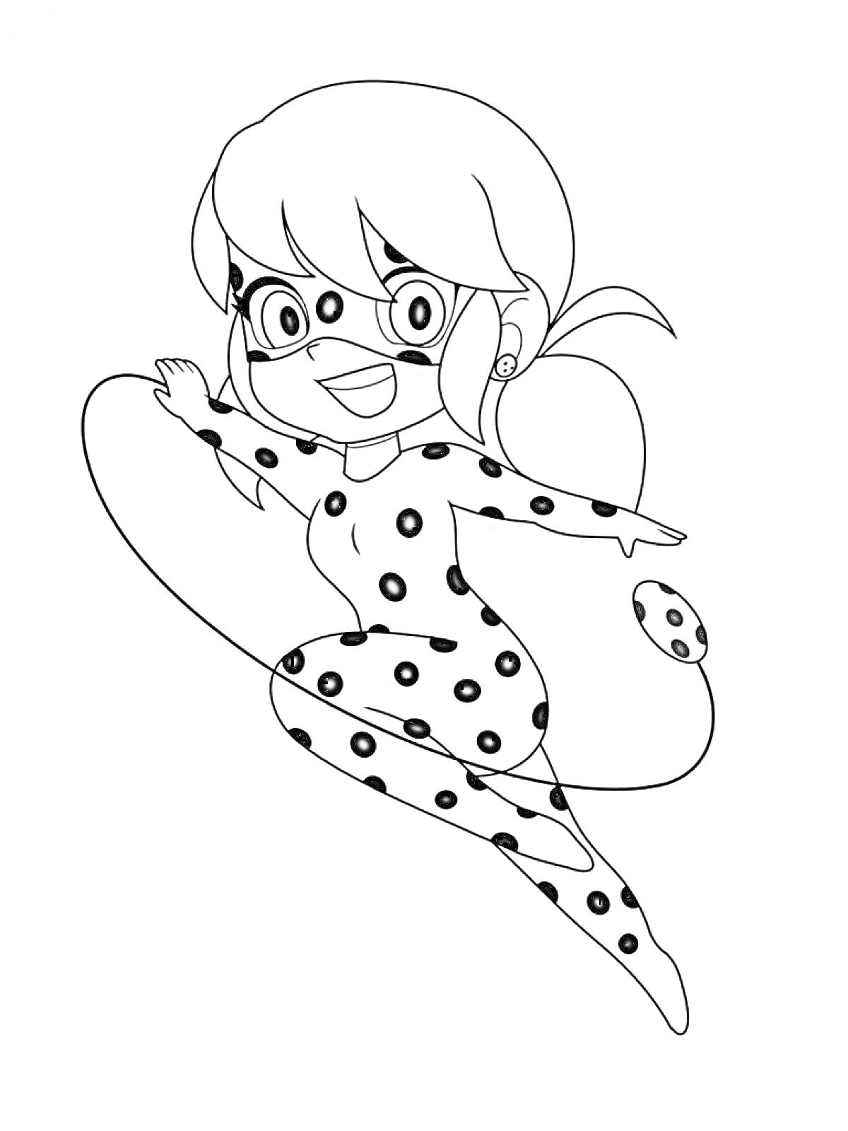 Раскраска Леди Баг в прыжке с поднятой рукой в костюме с точками