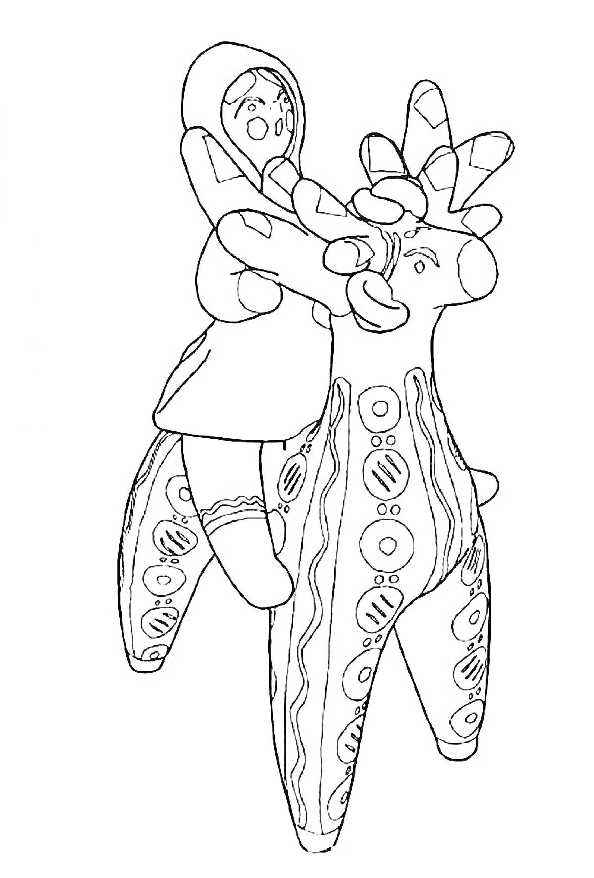 Раскраска Женщина в платке на расписном олене или коне