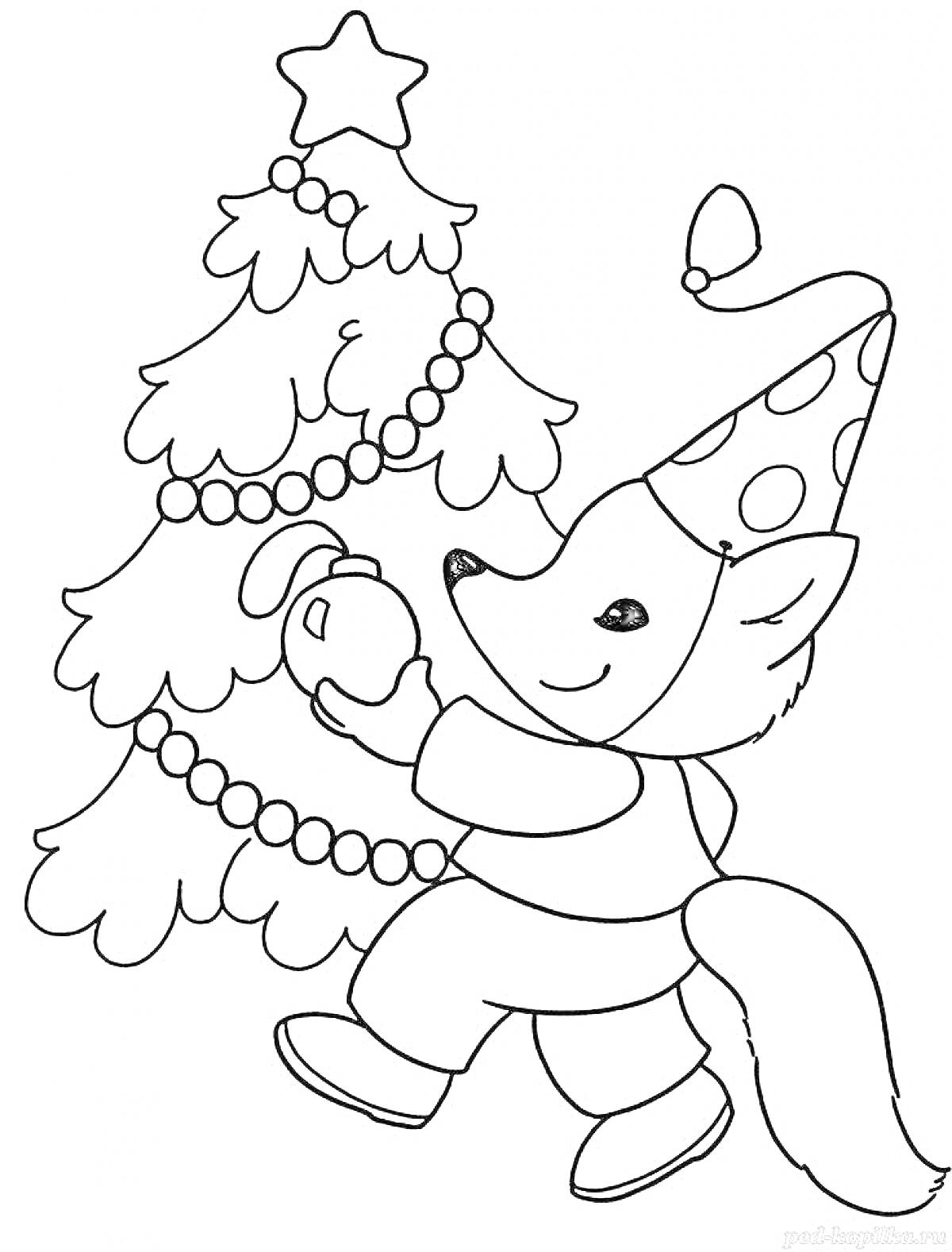 Раскраска Лисенок с новогодней елкой