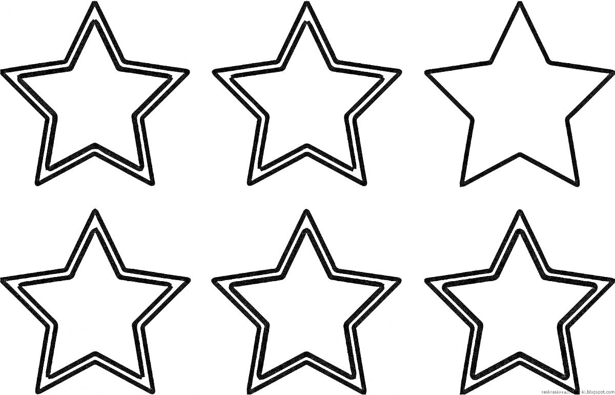 Раскраска Контурные военные звезды, шесть звезд в два ряда, каждая с двойным контуром