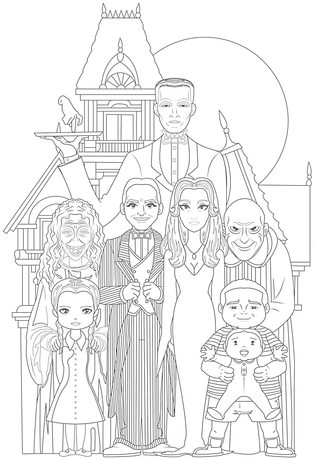 Раскраска Семейка Аддамс перед домом с изображением всех членов семьи и характерными элементами