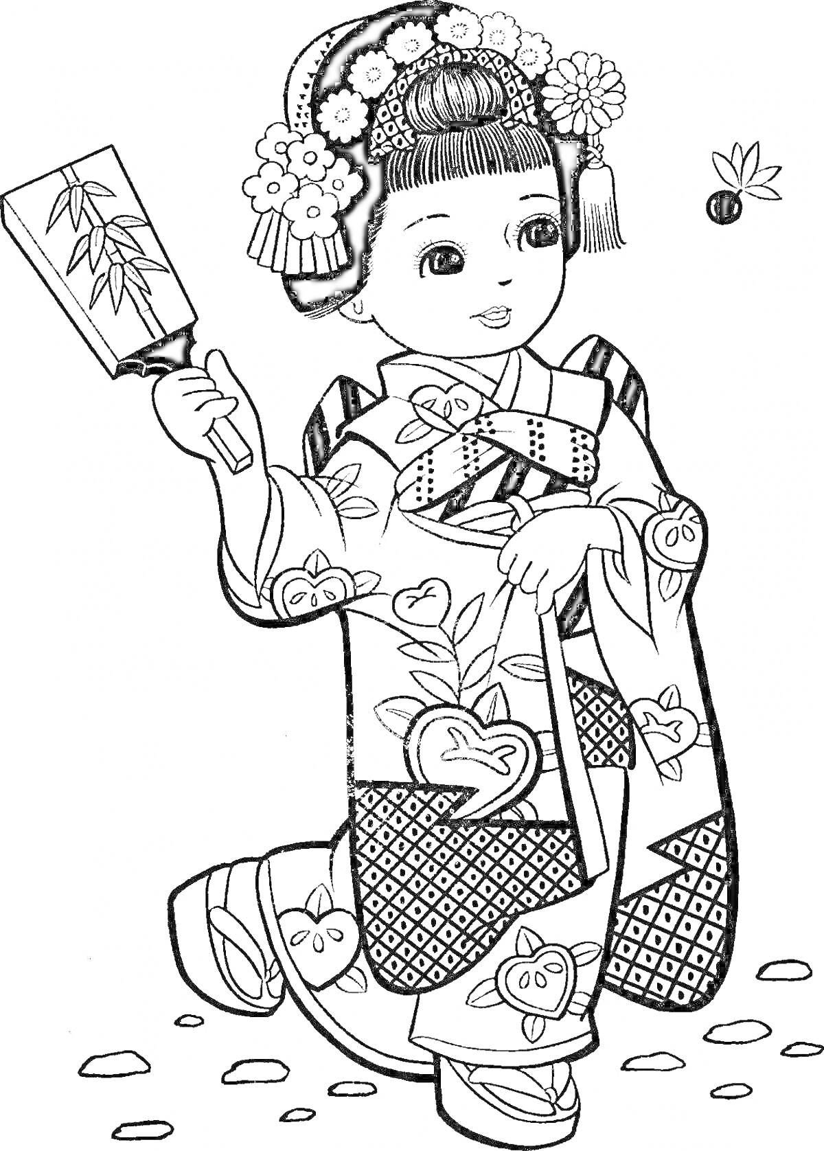 На раскраске изображено: Япония, Кимоно, Девочка, Веер, Цветы, Традиционная одежда, Бабочка, Камни, Волосы