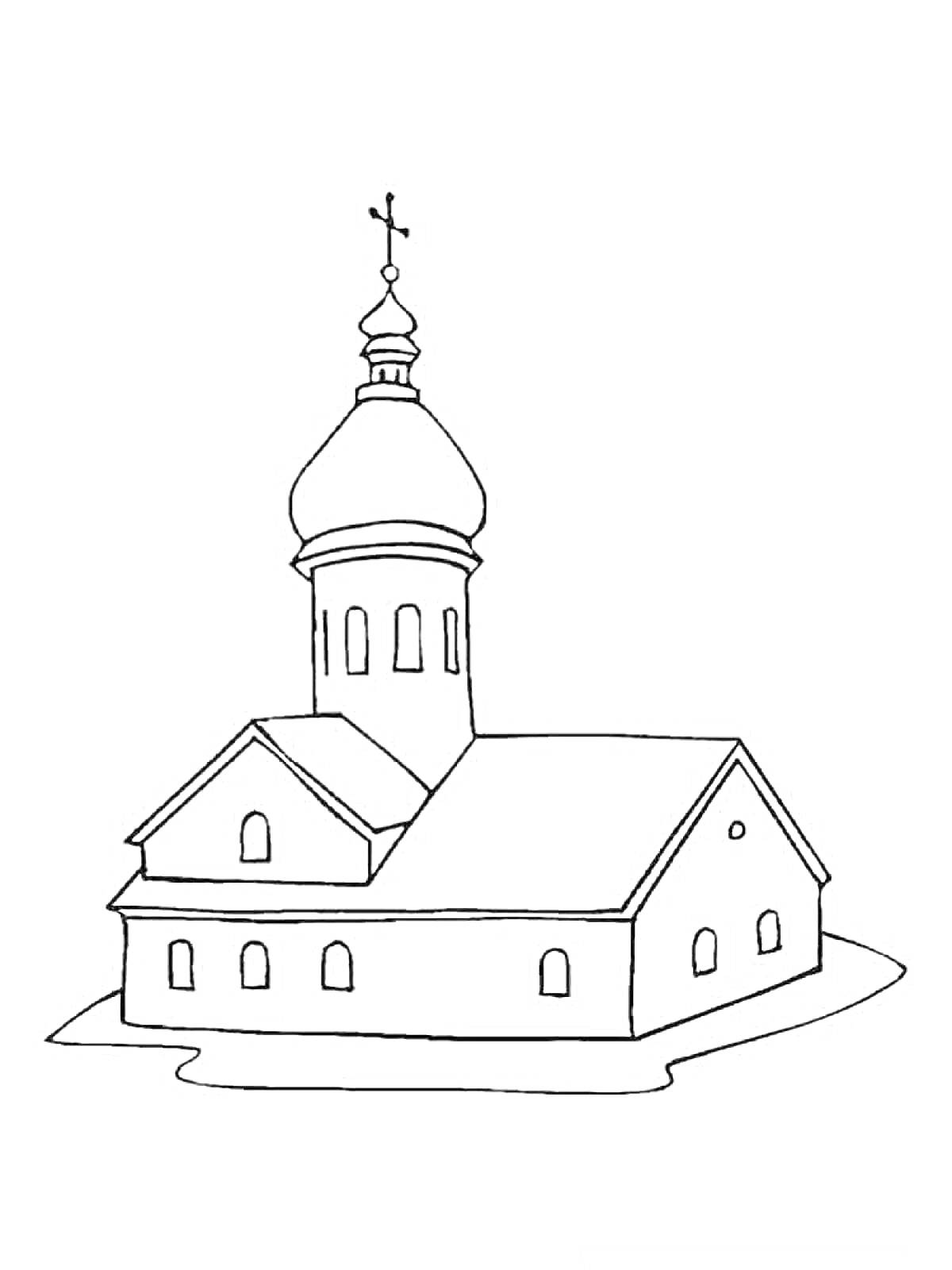 Раскраска Храм с куполом и крестом на вершине, окнами, дверьми и лестницей