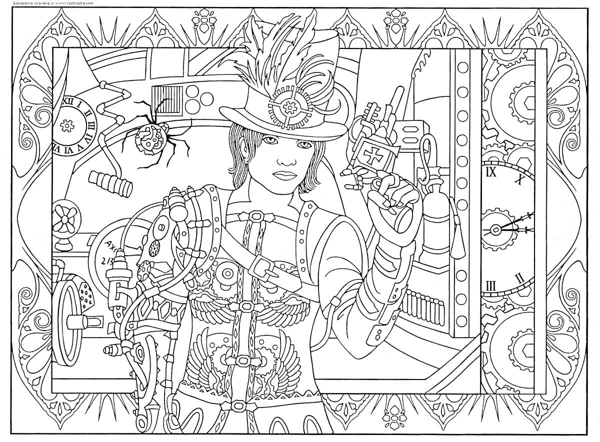 Раскраска Женщина в стимпанк костюме с кибернетической рукой и шляпой, украшенной перьями, на фоне паровых механизмов и шестеренок, окруженная декоративной рамкой