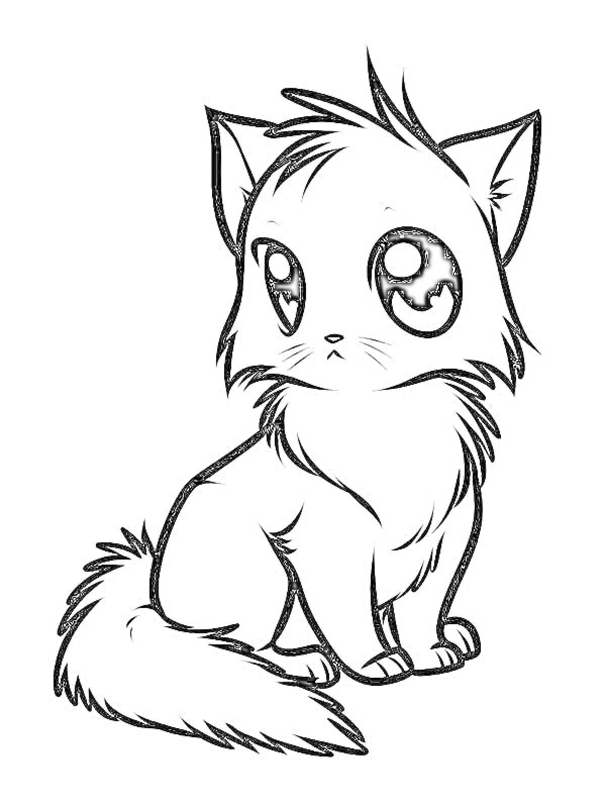 Раскраска милая кошка с большими глазами, шерстистым хвостом и ушами