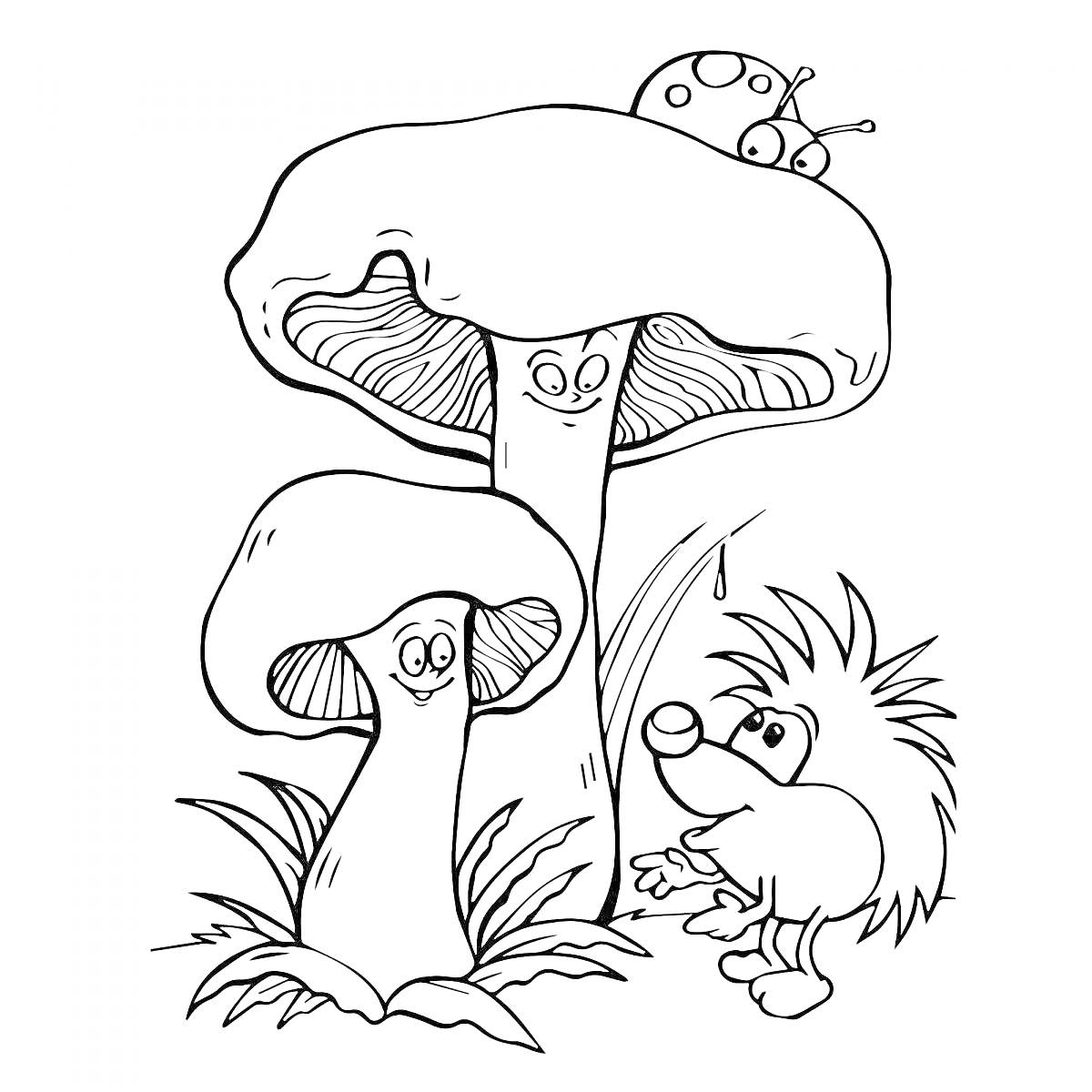 Раскраска Два гриба с глазами и улыбками, божья коровка на одном грибе, ёжик рядом