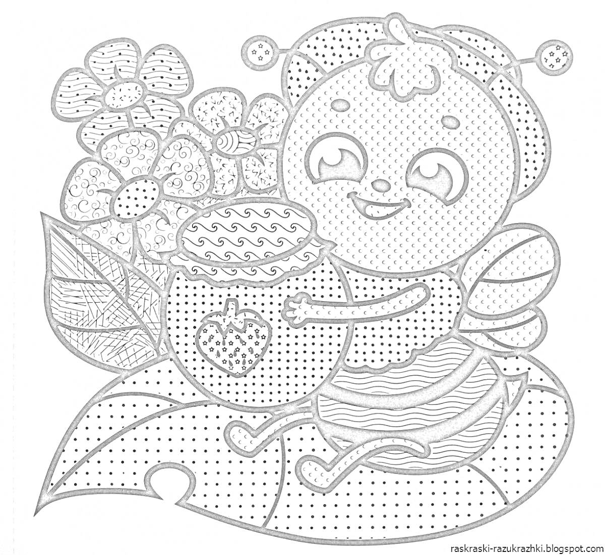 На раскраске изображено: Пчелка, Мёд, Цветы, Насекомое, Для детей, Листья