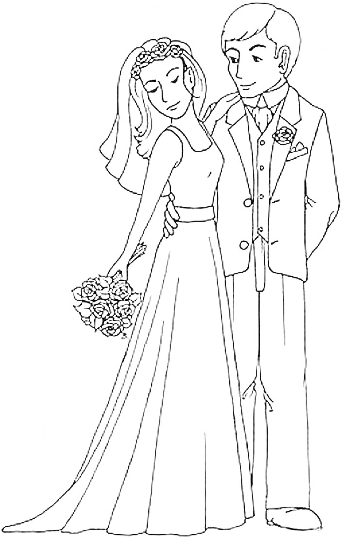 Раскраска Жених и невеста. Невеста в свадебном платье с букетом роз, жених в костюме с бутоньеркой