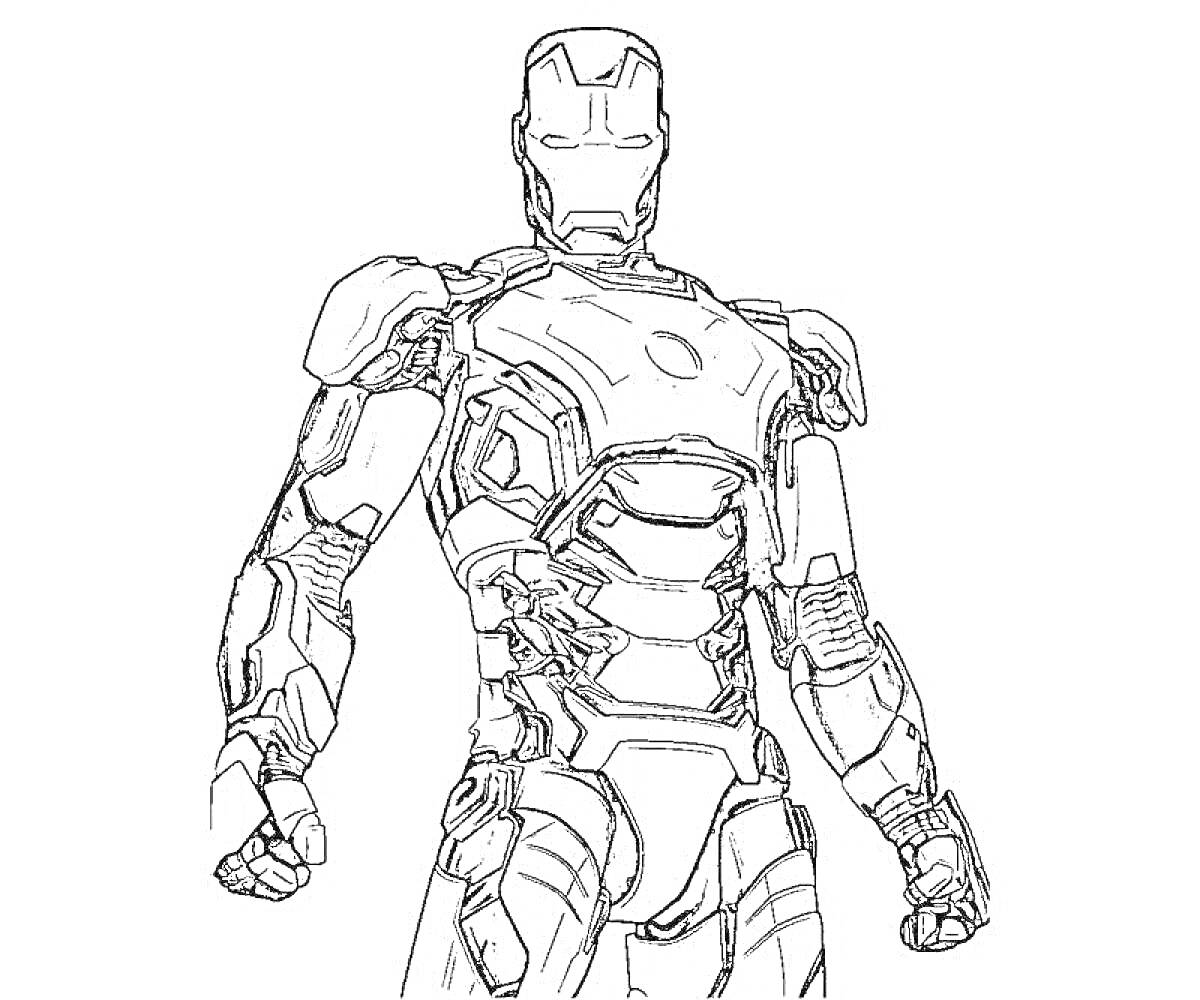 На раскраске изображено: Железный человек, Боевой костюм, Марвел, Кулаки, Комиксы, Супергерои