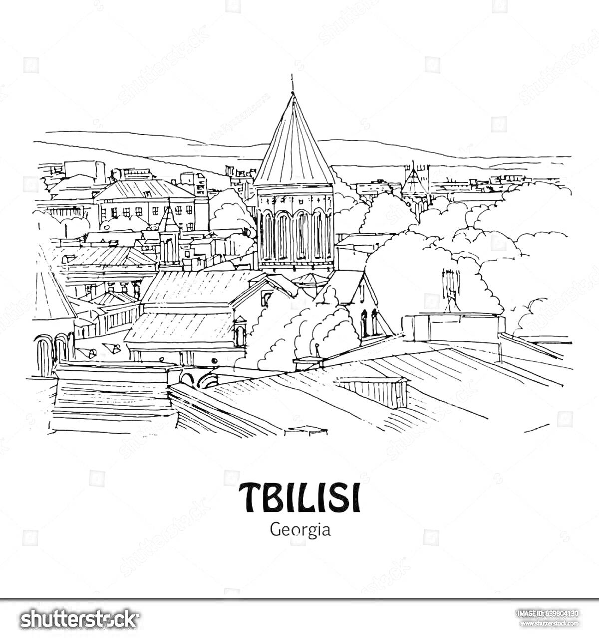 Раскраска Панорама Тбилиси с церковью на переднем плане