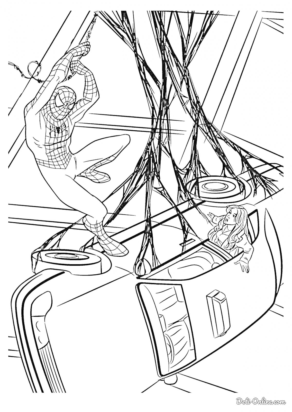 Раскраска Человек-паук спасает человека в машине, висящей на паутине