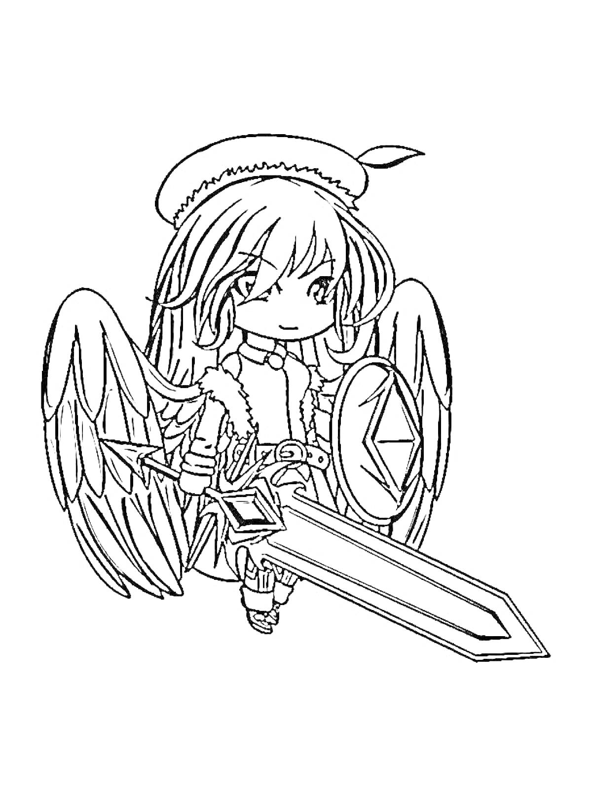 Раскраска Чиби ангел с мечом и щитом