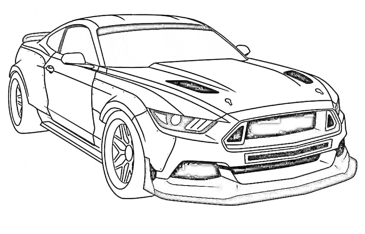 Спортивный автомобиль Ford Mustang с агрессивным обвесом, аэродинамическими элементами на капоте, большими колесами и широкой решеткой радиатора