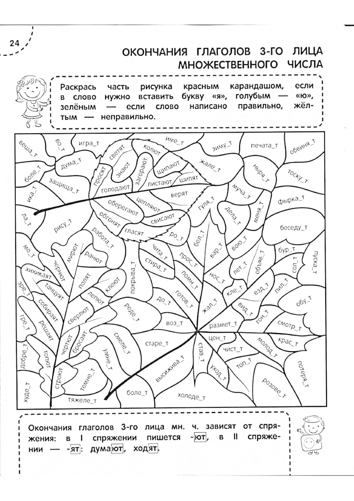 На раскраске изображено: Глаголы, Окончание, Множественное число, Грамматика, Третий класс, Упражнения, Обучение, Русский язык