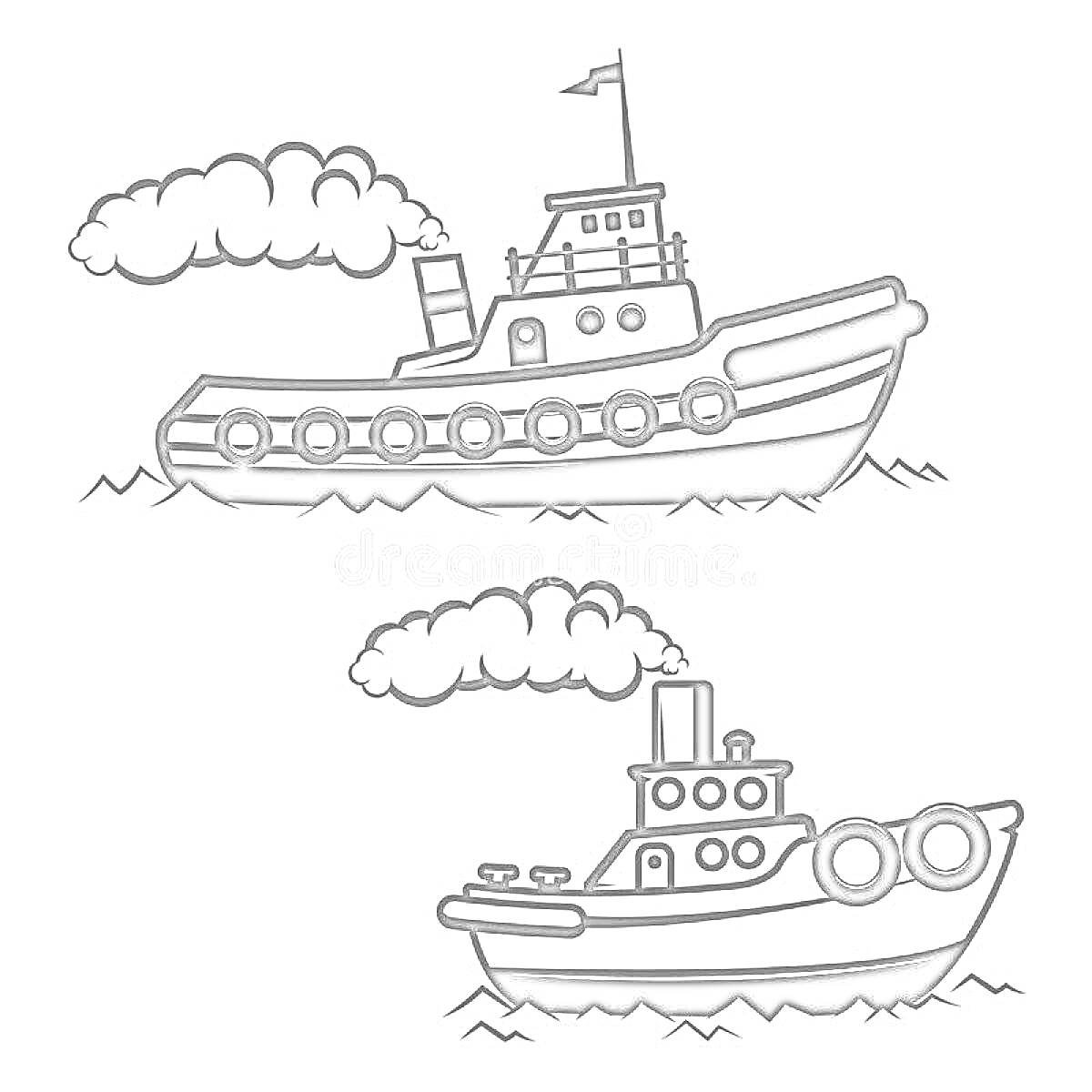На раскраске изображено: Буксир, Корабль, Волны, Дым, Море, Транспорт, Труба
