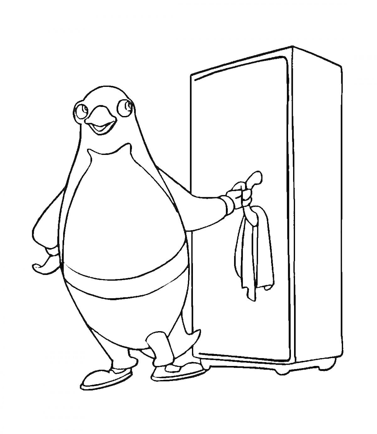 На раскраске изображено: Холодильник, Из мультфильмов, Животные, Кухня, Пингвины