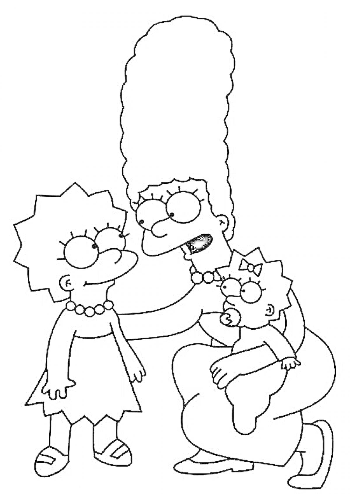 На раскраске изображено: Мардж Симпсон, Лиза Симпсон, Мэгги Симпсон, Семья, Симпсоны, Счастье, Объятия