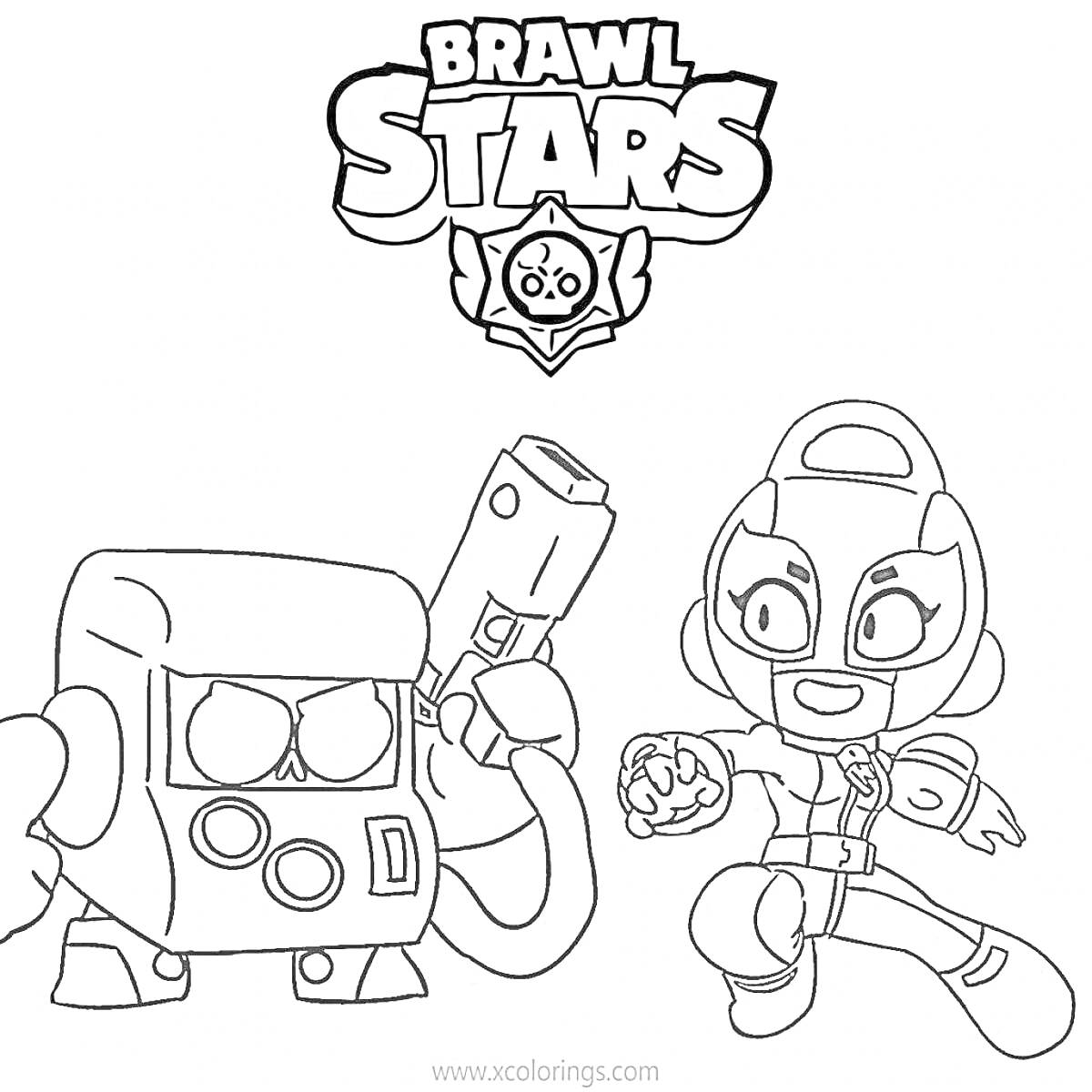 Раскраска Персонажи из Brawl Stars с логотипом и символом игры