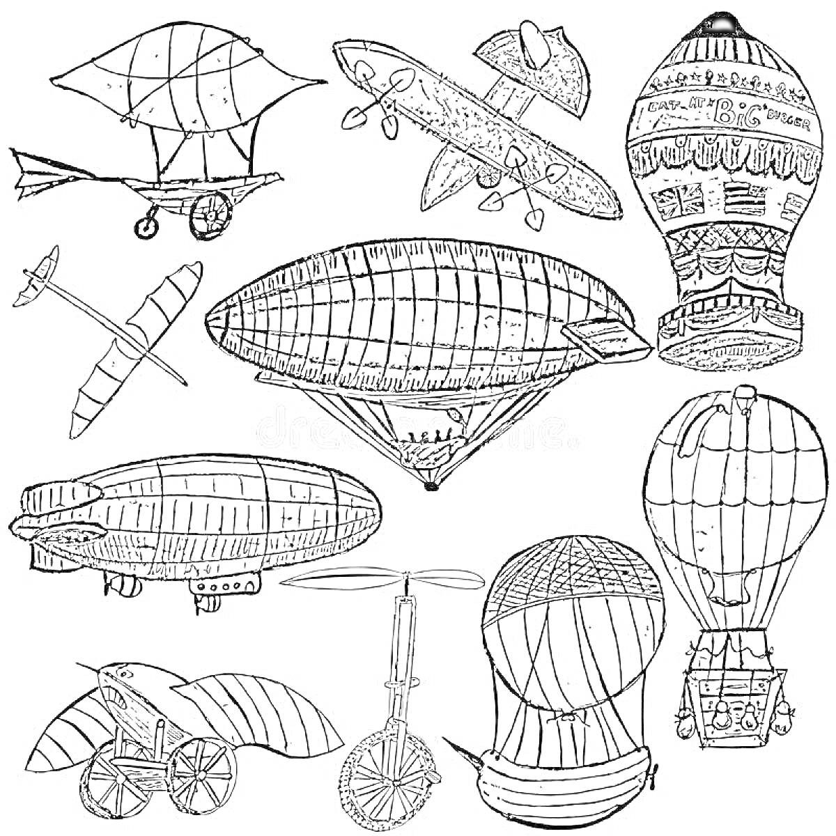 На раскраске изображено: Винтаж, Дирижабль, Вертолет, Воздушные шары, Самолеты