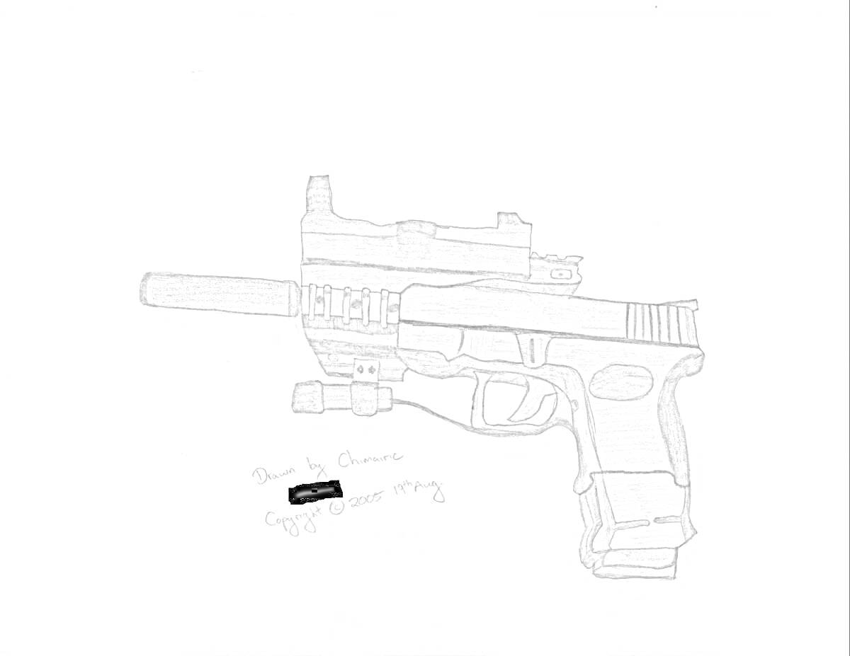 Раскраска Пистолет с глушителем и фонариком