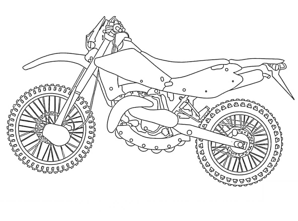 На раскраске изображено: Мотоцикл, Мотокросс, Колёса, Руль, Спорт, Транспорт