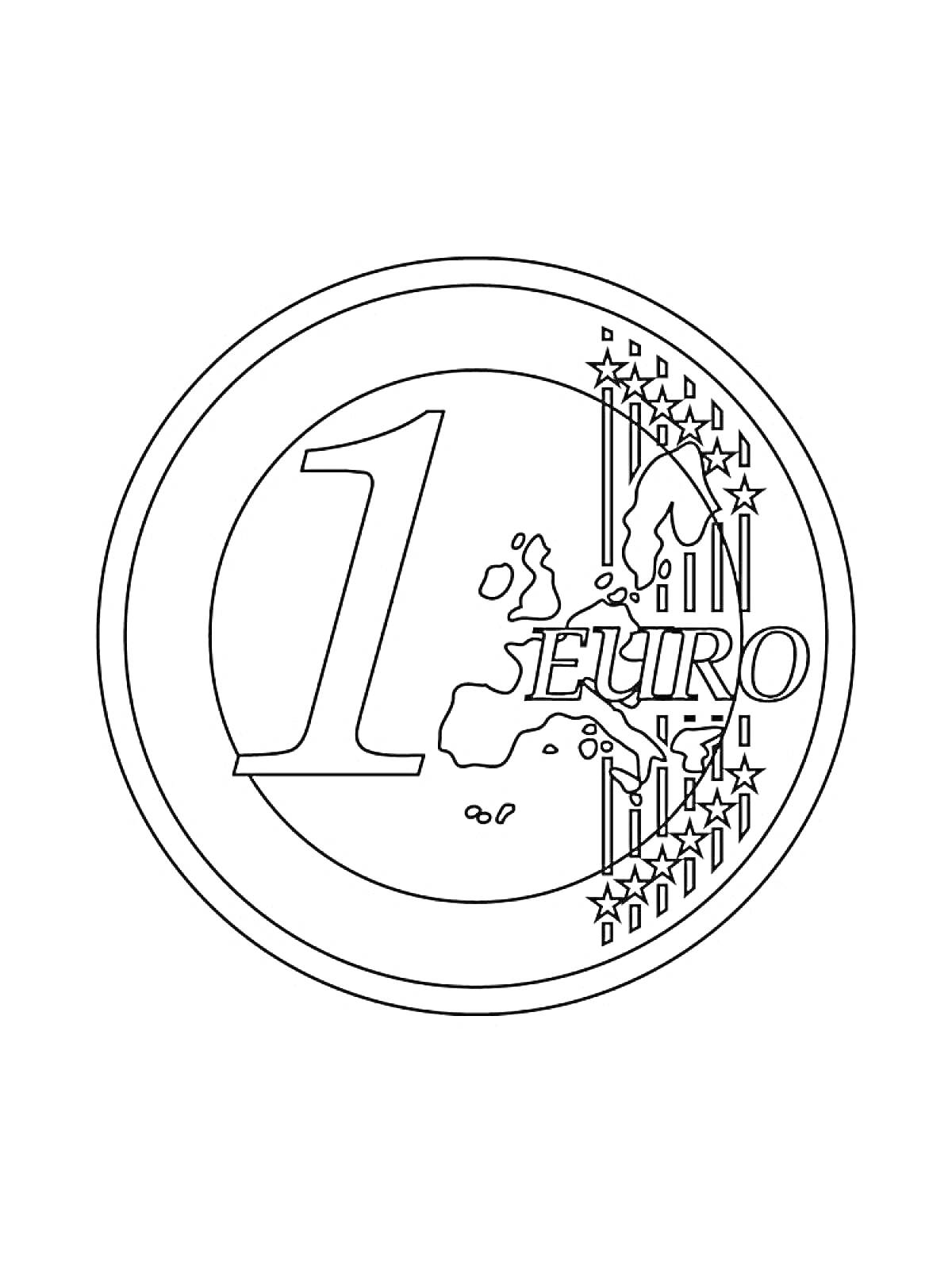 На раскраске изображено: Звезды, Евро, Круглая форма, Монеты, Номиналы