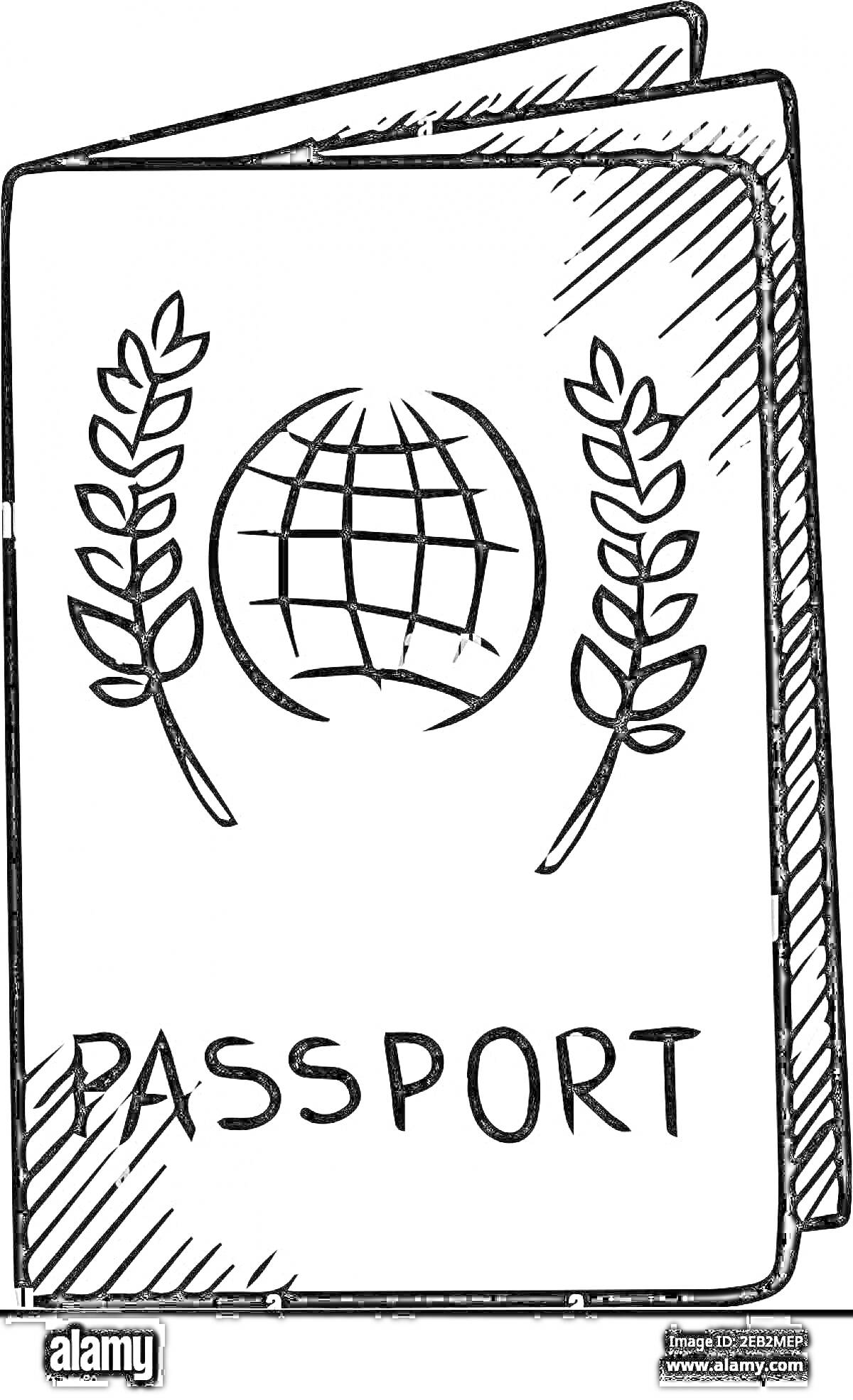 Раскраска На обложке нарисованы два стилизованных паспорта. На передней стороне изображены глобус и две ветви по бокам. Внизу имеется надпись 