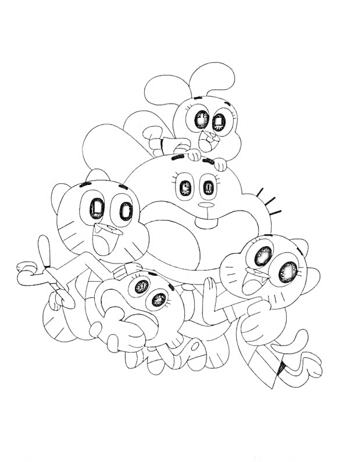 Раскраска Счастливая семья Гамбола с четырьмя персонажами, плотно обнявшими друг друга