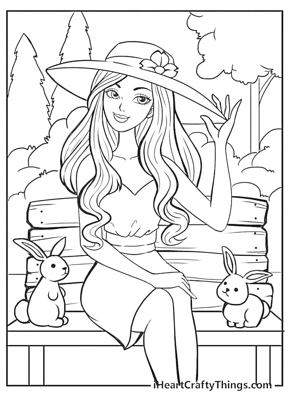 Раскраска Барби в шляпе на скамейке с двумя кроликами на фоне деревьев и кустарников