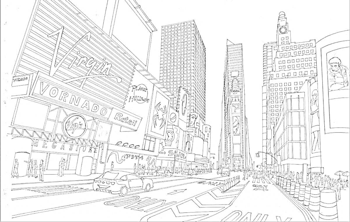 Раскраска Город будущего с высотными зданиями, рекламными экранами, автомобилями и улицами