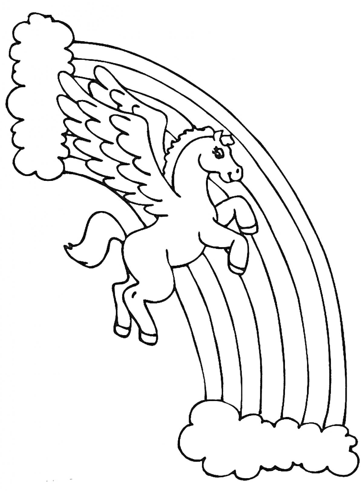 На раскраске изображено: Пегас, Облака, Крылья, Летающая, Радуги, Сказочные существа