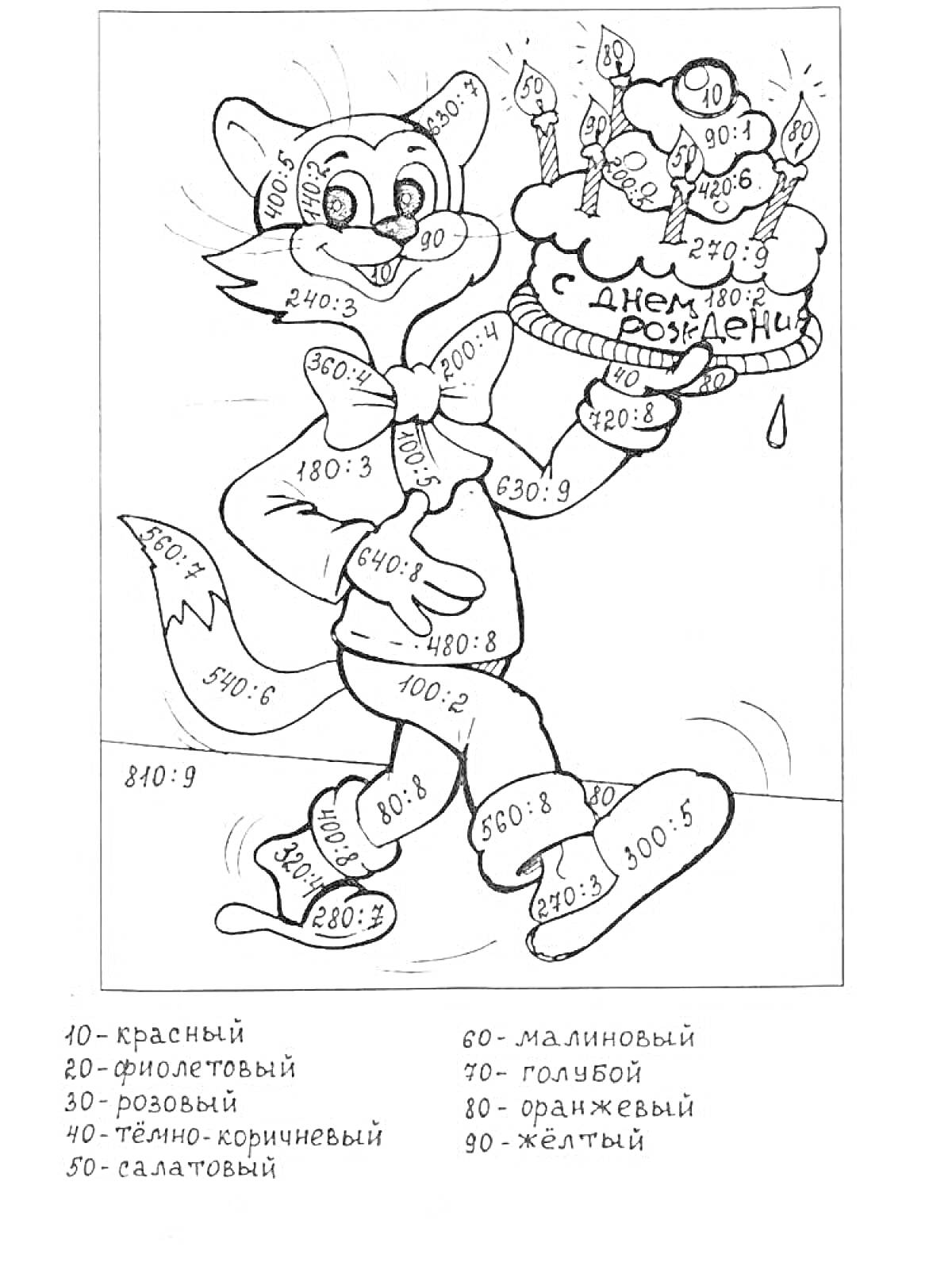 Раскраска Кот с тортом на день рождения