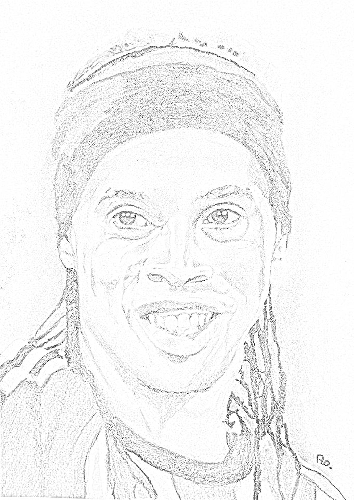 Раскраска Роналдиньо в спортивной форме с черной повязкой на голове, портрет крупным планом