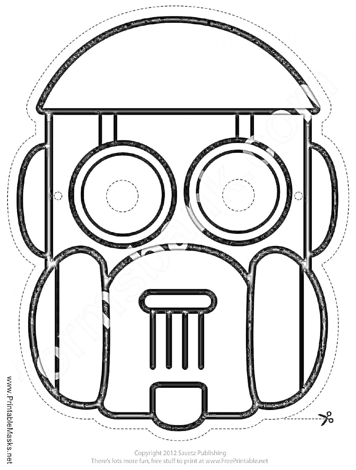 Раскраска Маска робота с прямоугольной формой головы, круглыми глазами, выступающими боковыми элементами и решеткой на месте рта.