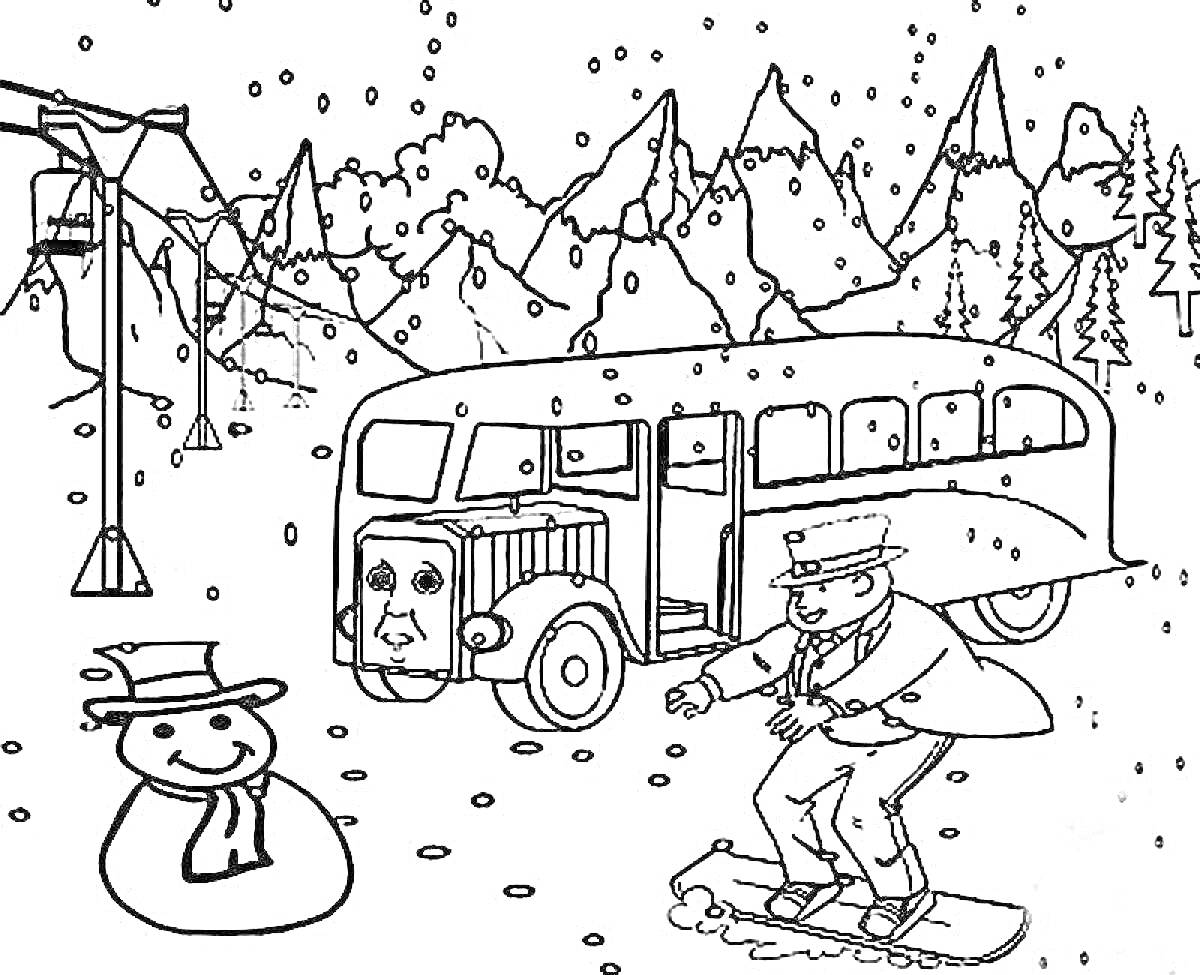 На раскраске изображено: Зима, Автобус, Горы, Снег, ПДД, Правила дорожного движения, Дороги, Снеговики, Фонари