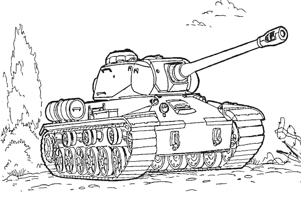На раскраске изображено: Танк, Т-34, Военная техника, Природа, Деревья, Облака, Гусеницы, Артиллерия
