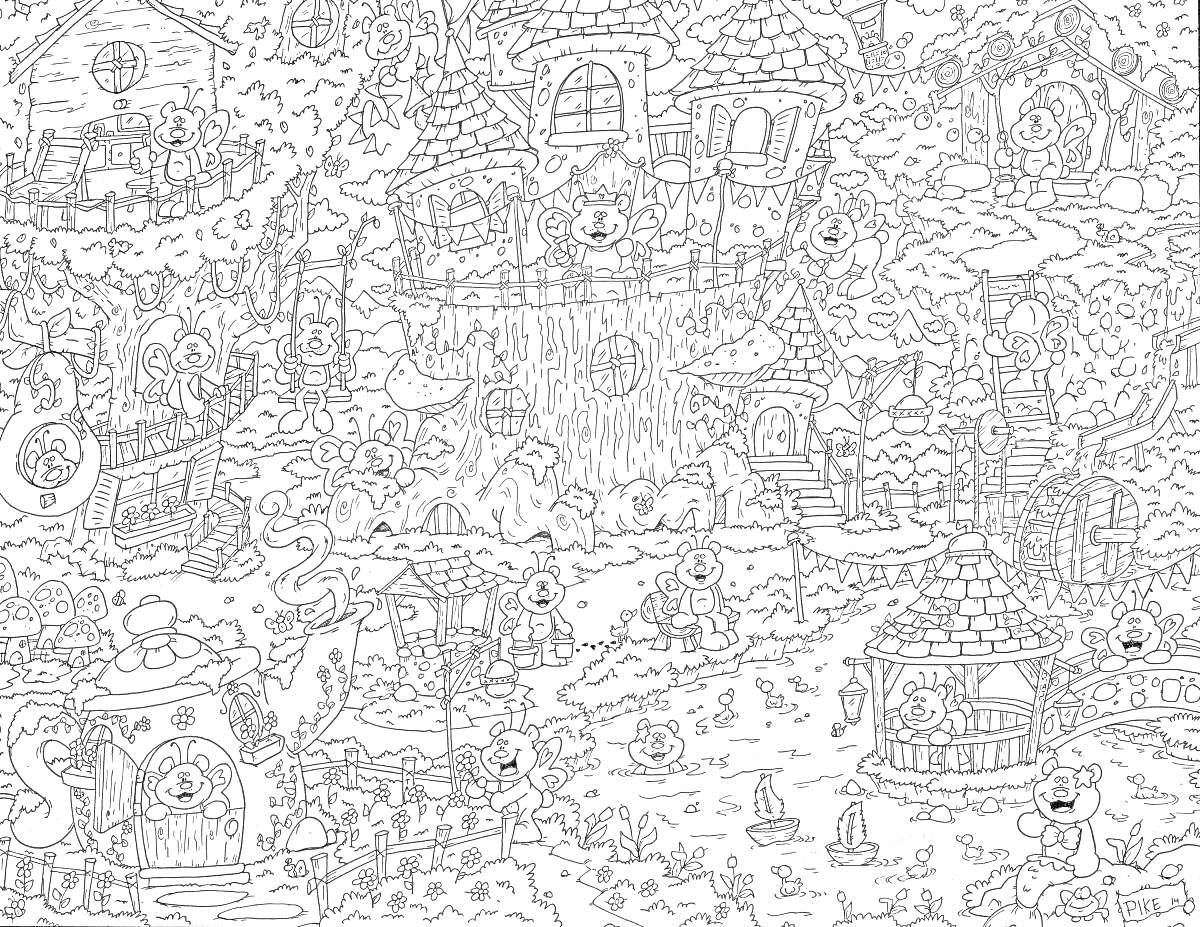 Раскраска Волшебное фантазийное селение с домами на деревьях, медвежатами, мостиками и загадочными элементами