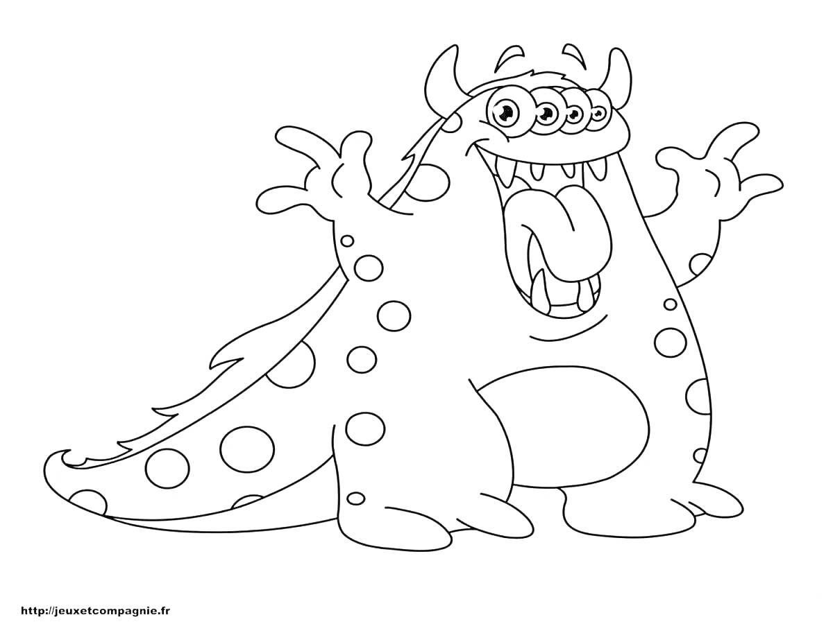 На раскраске изображено: Монстр, Три глаза, Рога, Большой рот, Зубы, 6 лет, 7 лет