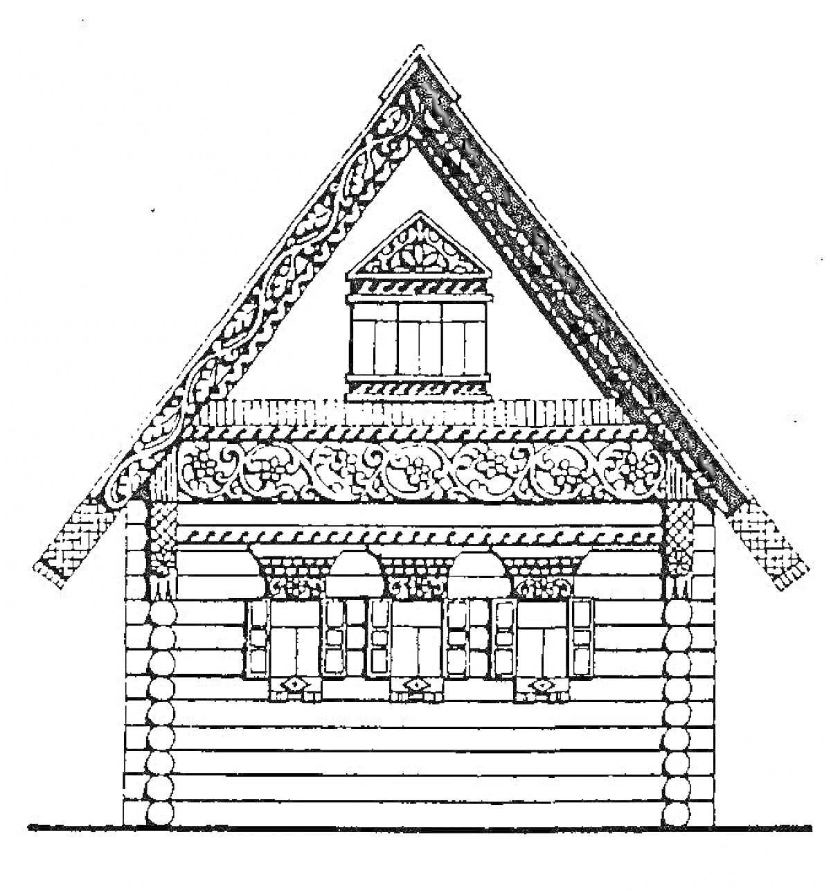 Раскраска Русская изба с резным деревянным декором, окном в крыше и тремя окнами на фасаде