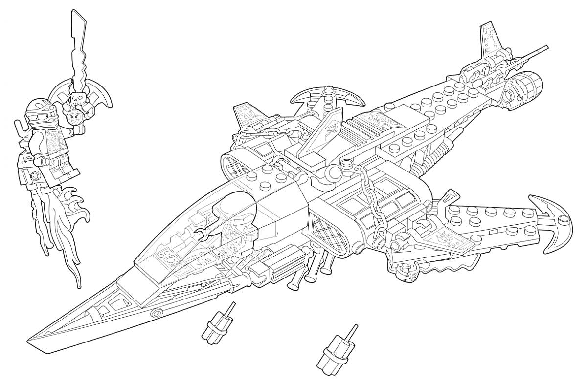 Раскраска Лего самолет с отцепляющимися ракетами и фигуркой солдата с оружием
