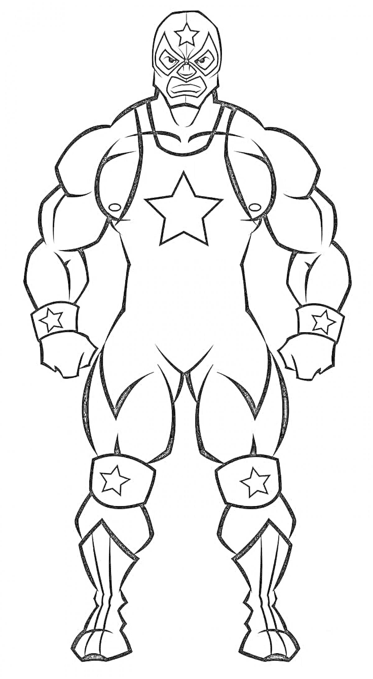 Раскраска Супергерой-маскер с звездами на маске, груди и руках