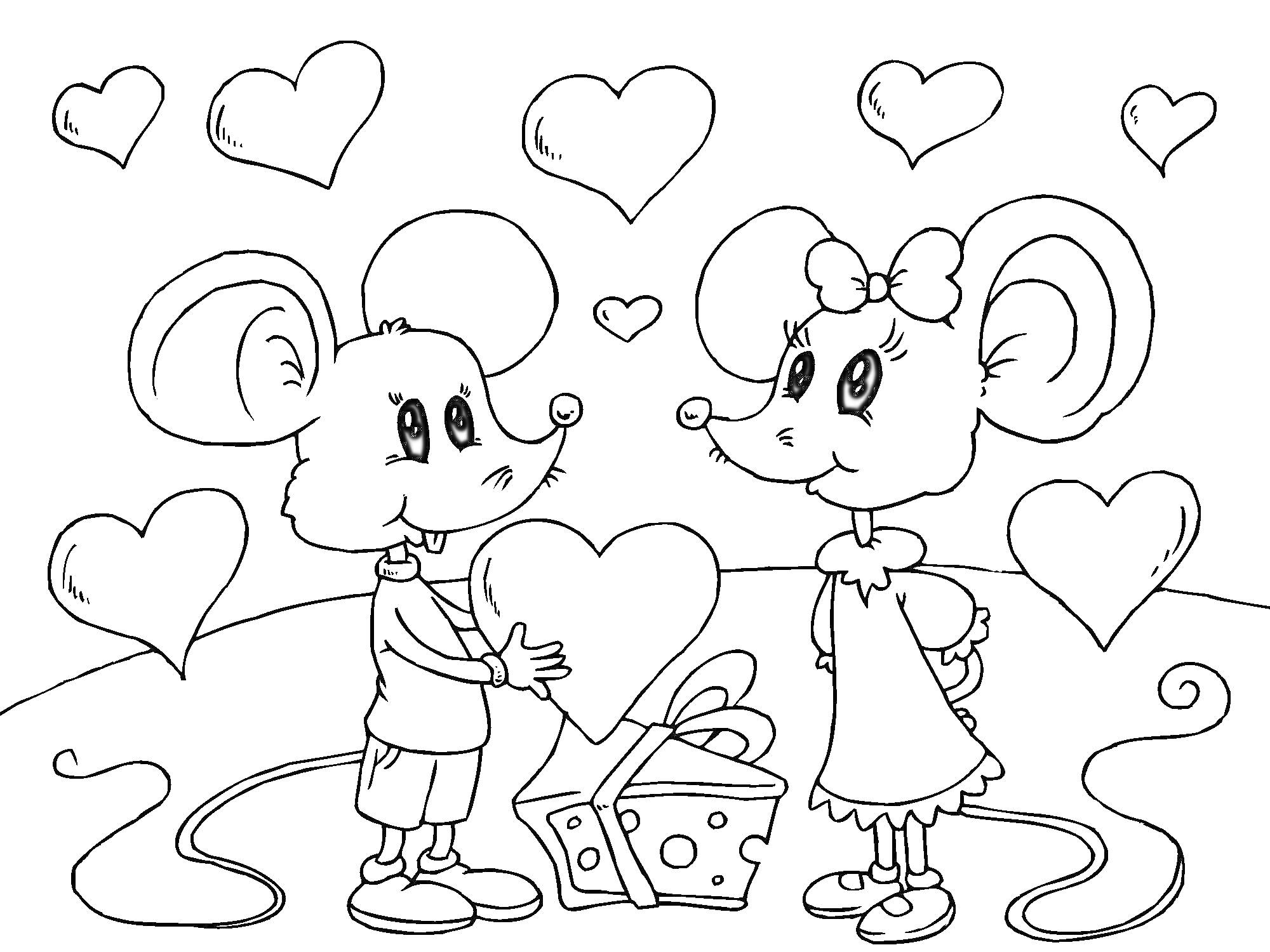 Раскраска Две мышки, сердечки и подарочная коробка на День Валентина